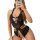 Woman wearing black lace bodysuit with open crotch and backless design, holding phone for mirror selfie.