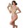 Woman in sheer lace halter bodysuit holding fan, elegant and seductive one-piece lingerie with floral details.