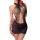 Woman wearing black lace halter dress with sheer mesh skirt and red rose in hair, back view.
