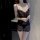 Woman wearing black lace sleepwear set with transparent details, perfect for intimate nights and role play.