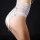Womens sexy white lace thong panties with sheer hip-hugging design and delicate bow detailing.
