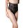 Womens black lace thong panties with floral pattern, high-waisted and sheer, european style hip-hugging underwear.