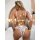 Woman wearing sheer mesh lingerie bodysuit with lash trim, back view, sparkling stars effect.