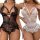 Womens sexy lingerie bodysuit in black and white, featuring sheer mesh with lace trim.