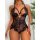 Womens sexy black lace bodysuit with sheer mesh and lash trim, featuring a deep v-neck and intricate floral detailing.
