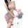 Woman wearing a sexy open-crotch lace mesh bodysuit with ripped details, holding a teddy bear in overalls and a pink beret.