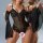 Woman wearing black sheer lace open-crotch sleepwear set with bell sleeves, seductive lingerie for date night.