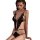 Woman modeling qqny black lace bodysuit with open cups, sheer panels, and garter straps.