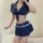 Sexy navy police-style lingerie set with tie-front top and pleated mini skirt, perfect for parties or date nights.