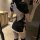 Womens sexy qipao lingerie - side-slit open-crotch floral embroidered chinese-inspired costume, featuring black fabric with w...