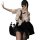 Woman in sexy secretary ol costume with tight-fit pencil skirt and matching sleepwear, posing confidently for a mirror selfie...