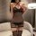 Woman wearing a sheer black sparkling mesh bodycon nightgown with adjustable drawstrings and thigh-high stockings.