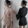 Womens sexy sheer lace sleepwear set featuring transparent satin sleep robe and matching nightgown, perfect for cozy nights.