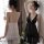 Woman modeling black and white sheer lingerie sets with lace trim, featuring deep v-neck and backless design for romantic nig...