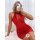 Woman wearing red sheer mesh camisole lingerie set, backless design with push-up effect, posing on white couch.