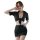 Woman wearing black sheer office secretary outfit with tied crop top and mini skirt for date night or role play.