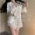 Womens spring summer ice silk sleepwear set featuring lace trim white shirt dress and shorts, pure and alluring loungewear.