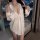 Womens spring summer ice silk sleepwear set featuring lace trim white shirt dress and shorts, pure and alluring loungewear.