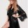 Womens black satin robe with lace detailing, elegant design perfect for sleepwear or evening outfits.