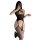 Woman wearing black vintage lace mesh bodystocking with floral embroidery, sheer full-body net design, and yellow underwear.