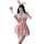 A woman poses in a pink bunny-themed costume, featuring rabbit ears, a lace-trimmed dress, and stockings, perfect for festive...