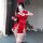 Sexy christmas-themed lingerie set featuring a festive red dress with open crotch design, perfect for holiday-themed outfits.