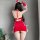 Sexy red lace dress with festive horns and gloves, perfect holiday cosplay outfit for women.