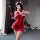 Sexy red lace dress with festive devil horns and gloves, perfect for holiday cosplay or new year party outfits.