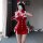Sexy red lace dress with festive reindeer antlers and gloves, perfect for holiday cosplay or new year party outfits.