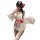 A woman poses in a sheer kimono-inspired uniform featuring floral patterns, accented with a red ribbon and lace details, embo...