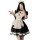 A woman wearing a black and white maid costume with ruffles, perfect for cosplay or anime role play outfits.