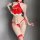 Sexy red silk bodysuit with lace details and festive trim, perfect for new year temptation outfits.