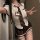 Sexy student uniform cosplay outfit featuring a white blouse with brown tie, plaid skirt, and thigh-high stockings, perfect f...