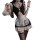 Sexy maid costume set featuring black and white design, high-end flirty bodycon outfit with ruffled details and stockings.