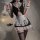 Sexy maid costume set featuring black and white design with ruffles, perfect for seductive elegance and bedroom outfits.