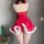 Sexy new year outfit set featuring a red pvc devil costume with white fur trim, perfect for festive occasions.