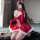 Sexy new year outfit set featuring a red pvc devil costume with lace-up design, perfect for festive celebrations.
