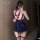 Woman in xianyi lingerie set with white top, red tie, blue skirt, and garter straps.