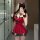 A person wearing a red xishi seductive lingerie set, featuring a cute maid costume with lace details and bows, taking a mirro...
