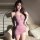 A woman poses in a sheer pink xishi sexy kimono sleep dress, featuring delicate floral accents and a plunging neckline, perfe...