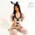 Woman modeling xunhuan tiao sexy bunny girl bodysuit set with blue bow accents, lace garters, and matching bunny ears headban...