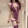 Woman wearing a purple lace bodysuit with an open crotch and garter straps, part of the yan yan flirty lingerie set.