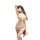 Woman modeling yaqin female lingerie set, a sheer mesh bodycon costume with gold accents and white stockings.