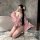 A woman poses in a bathroom wearing a yasisei cosplay lingerie set, featuring a pink anime-themed kimono robe with floral pat...