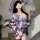 A woman models a yasu sexy deep v anime kimono lingerie set, featuring a floral design and elegant purple accents, perfect fo...