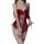 Sexy red lace bunny costume featuring sheer velvet mesh, fluffy trim, and adjustable straps.