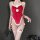 Sexy red bunny costume bodysuit with lace trim, fluffy pom-poms, and open crotch design perfect for role play.