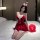 Sexy low-cut v-neck christmas costume dress with festive hat, perfect for holiday celebrations.