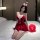 Sexy new year christmas costume lingerie dress - red v-neck strapless bodysuit for small bust with santa hat and balloon