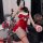 Sexy red christmas-themed nightgown with lace details, perfect for festive occasions.